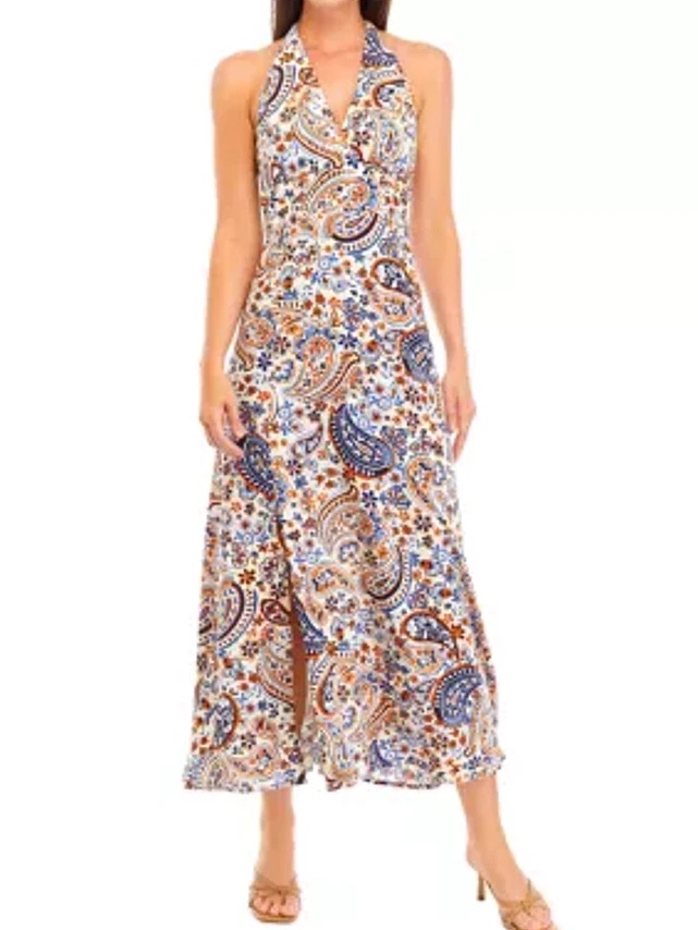 Vince Camuto Halter Paisley Maxi Dress In White, Blue And Brown